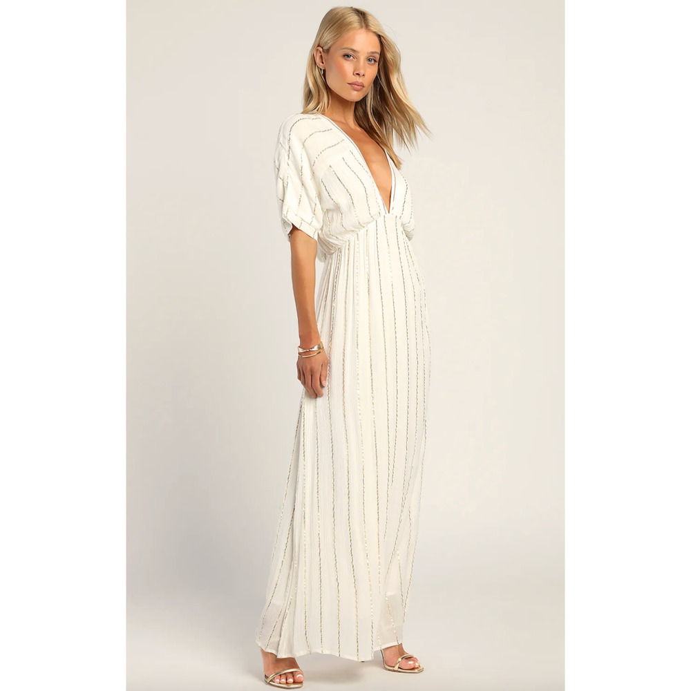Lulus Goddess Vibes Ivory Gold Striped Dolman Sleeve Maxi Dress Resort XS NWT - Picture 3 of 11